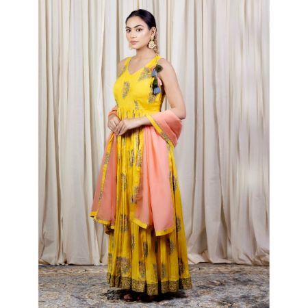 Yellow Gathered Anarkali Set with Hand Embroidery